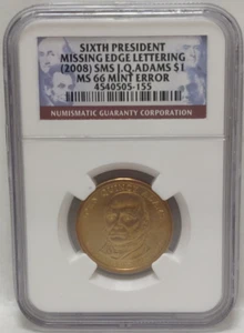 2008 US PRESIDENTIAL $1 COIN ERROR JOHN ADAMS NGC MS 66 MISSING EDGE LETTERING - Picture 1 of 4