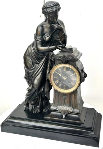 Antique French Slate Mantel Clock 8-Day Classical Striking Gilt Spelter Figural Cover