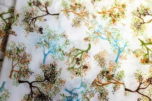 VTG 1970s White Polyester Multicolored Trees Thin Fabric Nature Autumn Fall Oak - Picture 1 of 3