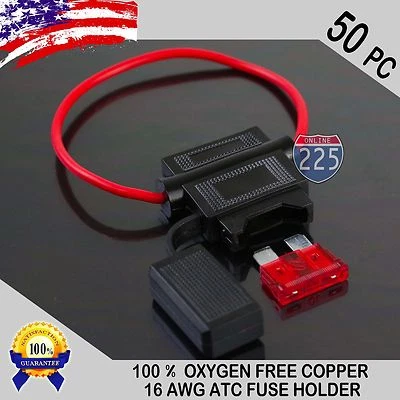 50 Pack 16 Gauge ATC In-Line Blade Fuse Holder 100% OFC Copper Wire + 1A - 40A - Image 1 of 4