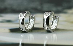 925 Sterling Silver Cubic Zirconia Fancy Huggie Hoop Earrings - Children & Women - Picture 1 of 5