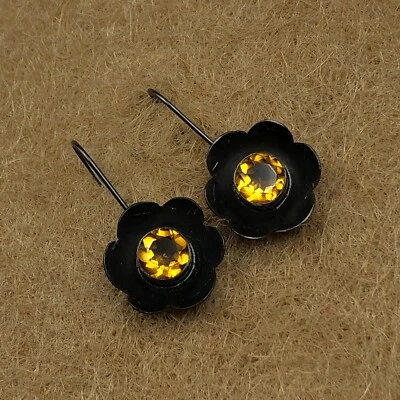 天然黄水晶宝石环黑色镀层耳环 925 银女式 — 第 1/4 张图片