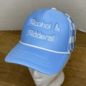 Alcohol & Adderall Trucker Hat Blue White Check Mesh Snapback Cap ADHD Rave EDM - Picture 1 of 15