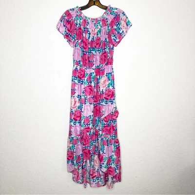 Vineyard Vines Kentucky Derby pink floral blue plaid ruffle maxi dress size 4 - Image 1 of 4