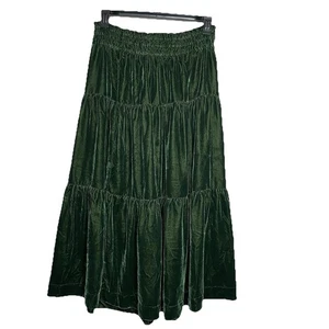 Rachel Zoe Midi Skirt Womens Sz L Dark Green Velvet Tiered Pull On - Picture 1 of 12