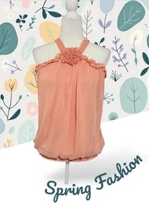 Charlotte Russe Peach Pink Floral Halter Blouse Tie Neck Top Size L Ruffles - Picture 1 of 11