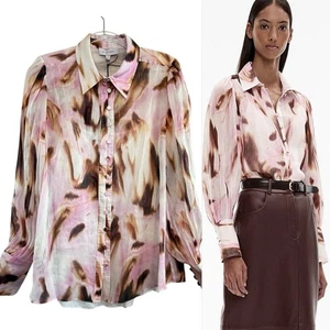 WITCHERY Size 16 XL (12 US) Pink White Element Print Silk Linen Blouse NWT - Bild 1 von 24