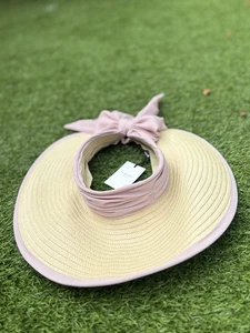 LK BENNETT Rosemary Natural Raffia and Pink Bow Visor Straw Hat *NEW BNWT* - Picture 1 of 9