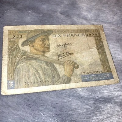 FRANCE 10 Francs 1942 French Bank Banque de France Currency Money - Image 1 of 2
