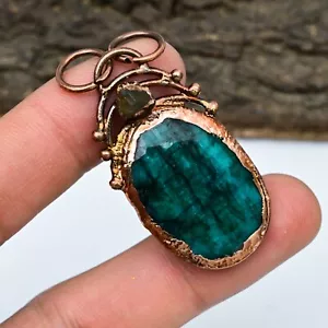 Emerald Copper Handmade Labradorite Lab-Created Gemstone Electroformed Pendant - Picture 1 of 4