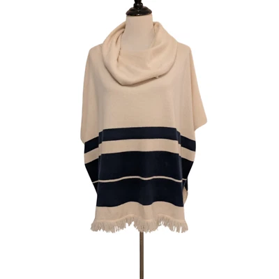 Neiman Marcus Womens Sz S/M Ivory Blue 100% Cashmere Fringe Cowl Sweater Poncho - Image 1 of 4