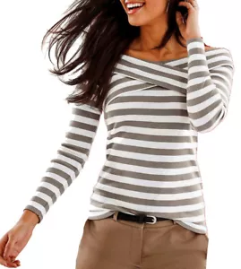 Pullover Langarmshirt Größe 44/46 weiß/naturstein gestreift 944623 - Bild 1 von 6
