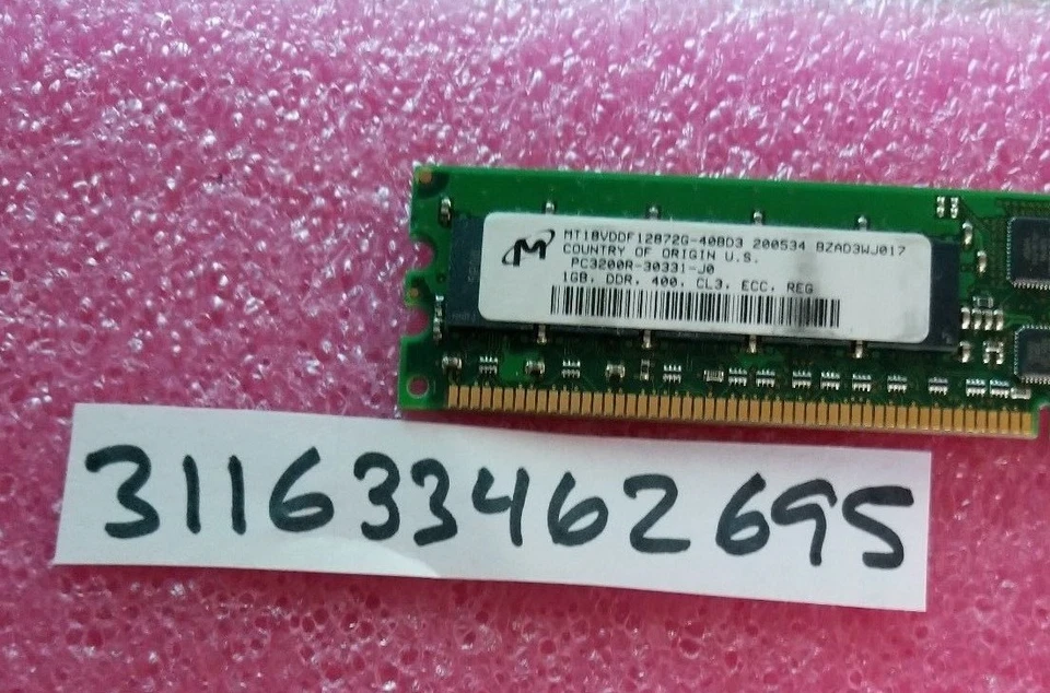 1GB PC DDR1 DDR PC3200R DDR-400 3200 CL3 400184PIN RDIMM  MT18VDDF12872G-40BD3  - Image 1 of 1