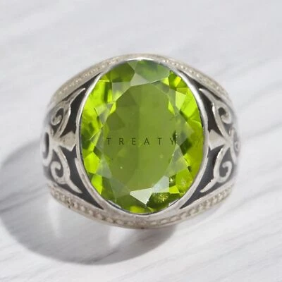 Piedras preciosas de corte ovalado de peridoto con anillo de plata de ley 925 para hombre #A65 * Foto 1 de 4