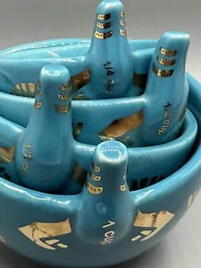 4 Ceramic Nesting Measuring Cups Teal with Gold detail - UNIQUE! - Picture 1 of 11