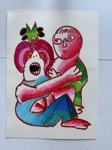 Vintage Abstract Outsider Art Figure Two Friends Illustration Postmodern 9 x 12 - Picture 1 of 8