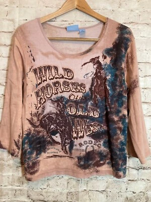 Jane Ashley Top Womens Large Pink Wild Horses Western Equestrian Print Beaded Foto 1 de 4