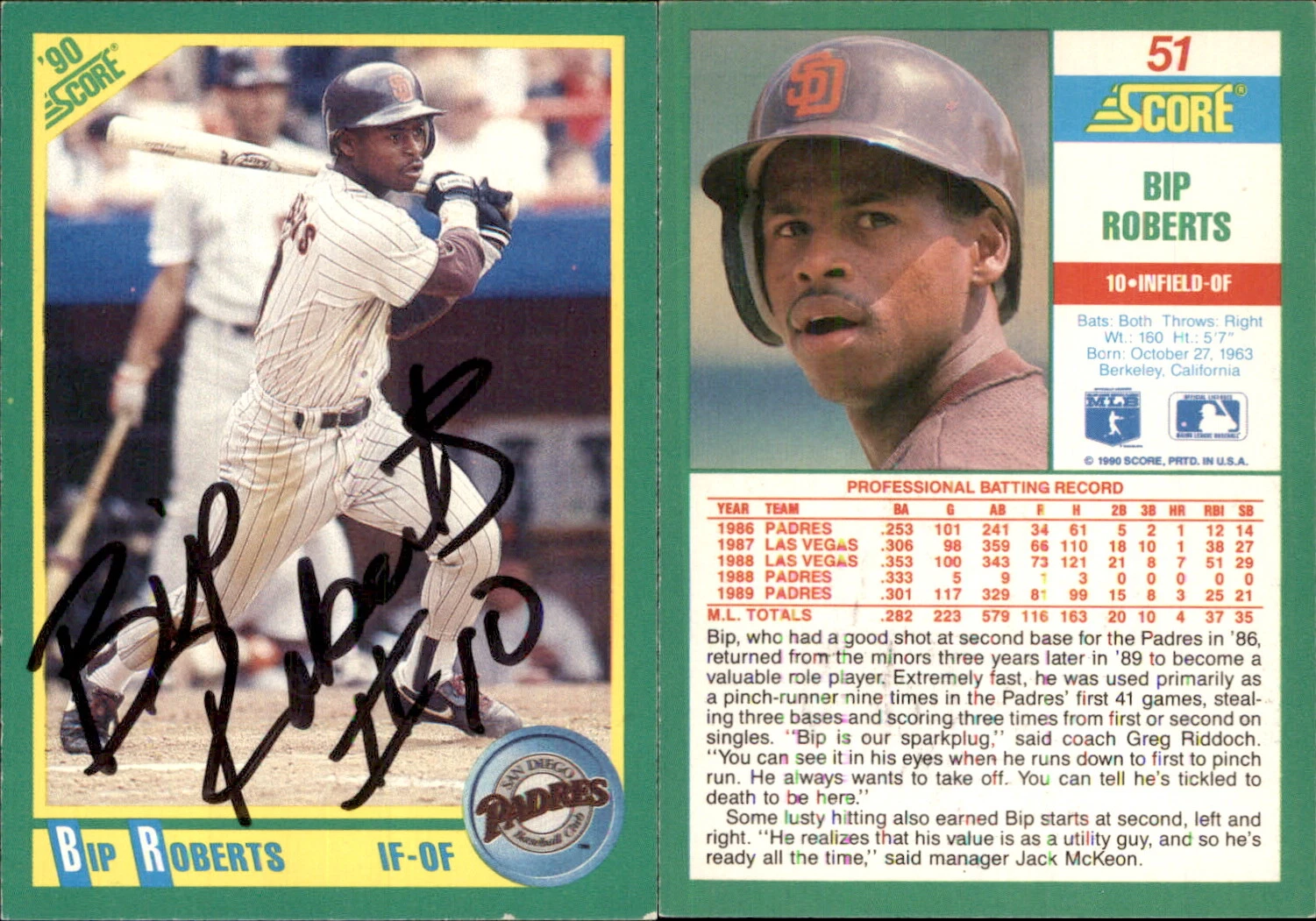 Bip Roberts Signed 1990 Score #51 Card San Diego Padres Auto AU