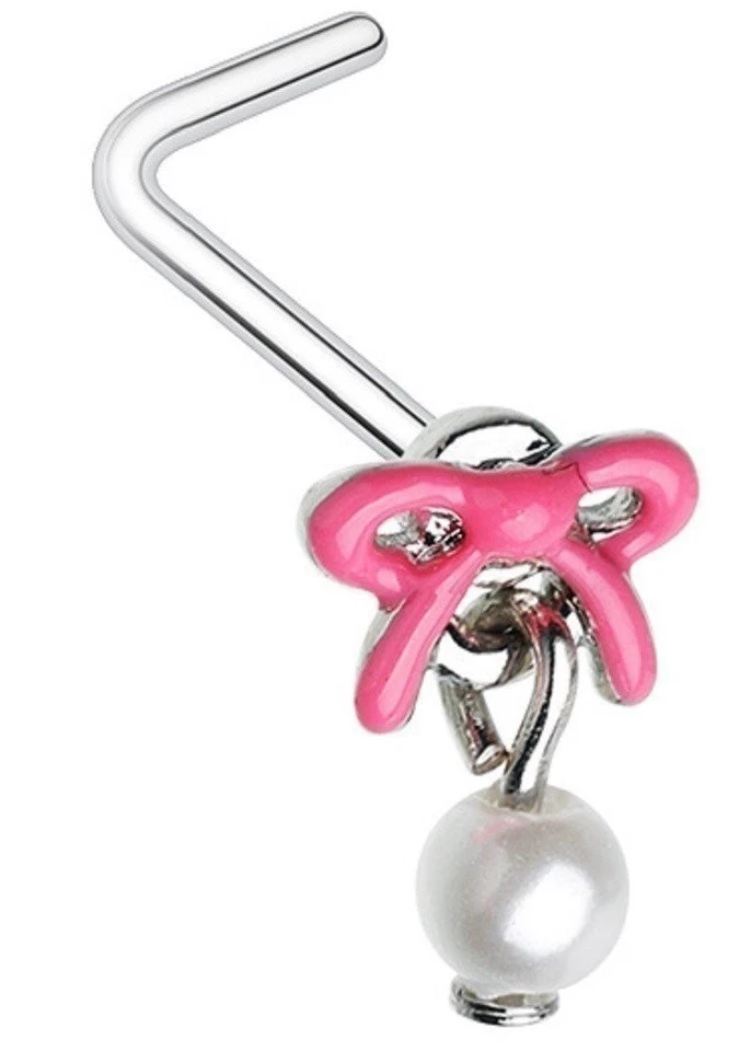 Nose Stud Pink Enamel Pearl Drop Bow Ribbon L Bend Rings 20g 1/4'' bar - Image 1 of 1