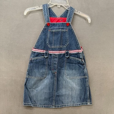 Gymboree Overall Dress Girls 7 Blue Denim Waist Striped Pockets Buttons - Image 1 of 4