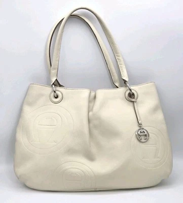 Etienne Aigner Purse Logo Embossed Leather Hobo Handbag Beige Cream Bag Charm  - Image 1 of 4