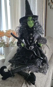 Bella Lux Green Face Shelf Sitter Halloween Witch Doll figure Black Dress 34" - Picture 1 of 18