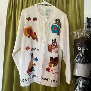 Vintage Quacker Factory Size L Knit Cardigan “A Cat Is A Cat” - Picture 1 of 9