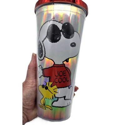 Vaso aislante Snoopy Joe Cool con tapa roja pajita doble pared 20 oz NUEVO Foto 1 de 4