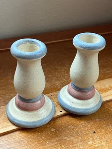 Pair of Speckled Cream w Blue & Pink Stripes Ceramic Pottery Candle Stick Candle - Picture 1 of 9