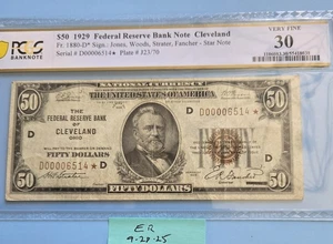 1929 $50 Federal Reserve Banknote. Cleveland Star Note. Fr.# 1880-D*. Comment - Picture 1 of 3