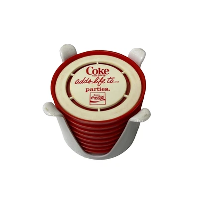 Vintage 1975 Coke Adds Life To Parties Set of 8 Plastic Coaster with Organizer - Image 1 of 4