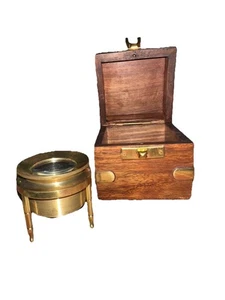 BRASS MAGNIFYING GLASS ON TRIPOD W/CASE NAUTICAL MAGNIFIER PAPER WEIGHT OFFICE - Picture 1 of 8