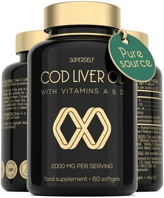 SUPERSELF Cod Liver Oil Capsules - 1000mg High Strength - 60 Tablets - Omega 3 Vitamin D A