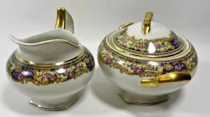 Vintage T & V Limoges La Cloche Sugar Bowl And Creamer Blue, Gold & Pink Roses - Picture 1 of 15