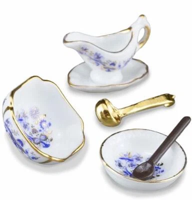 Blue Onion Serving Set w Bowls, Gravy Boat 1.449/5 Reutter DOLLHOUSE Miniature - Image 1 of 2