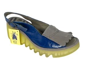 NUOVI SANDALI FLY LONDON BIND303FLY BLU GRIGIO PELLE ZEPPA SCARPE 38 7,5 8 - Foto 1 di 10