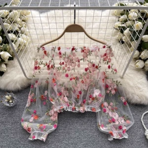 Schulterfreie transparente Damenbluse Netz Rüschen Stickerei Blumen Oberteil Puffärmel Oberteil - Bild 1 von 15
