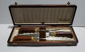 Vintage Sheffield England 3-Piece Faux Antler Carving Set w/ Wooden Case - Picture 1 of 19