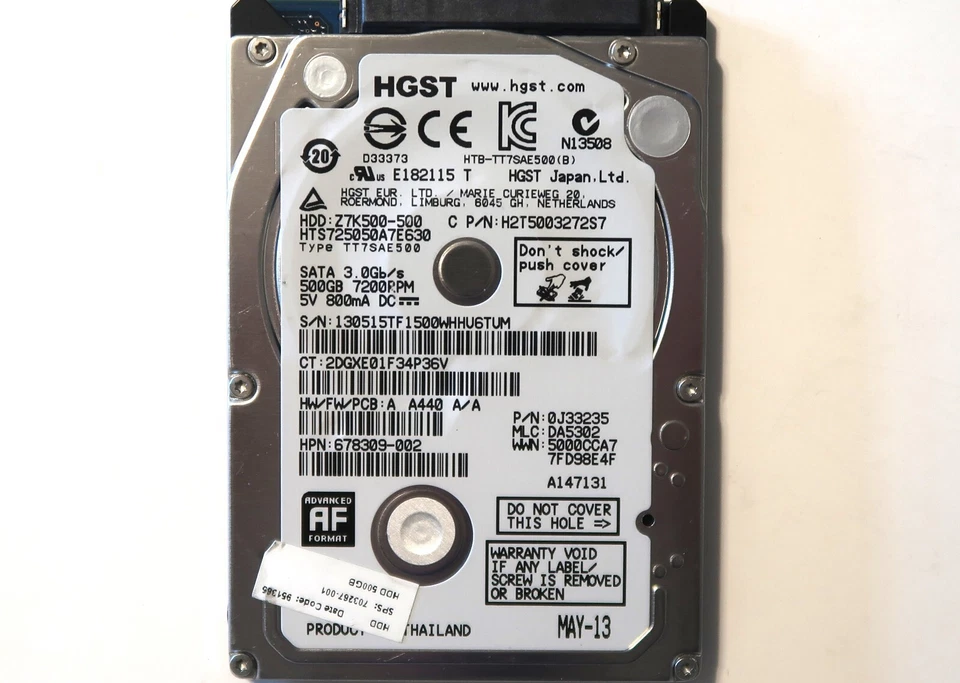 Hitachi HTS725050A7E630 PN:0J33235 MLC:DA5302 Thailand 500gb 2.5" Sata MAY/2013 - Image 1 of 1