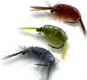 4, 6 or 8 Trout Fly Fishing  Flies GREEN, BROWN or GREY SCUD,   BARBED/BARBLESS - Picture 1 of 1