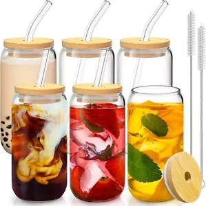 6 Set 16 oz Glass Cups with Bamboo Lids and Straws, Drinking Glasses Tumblers - Picture 1 of 6