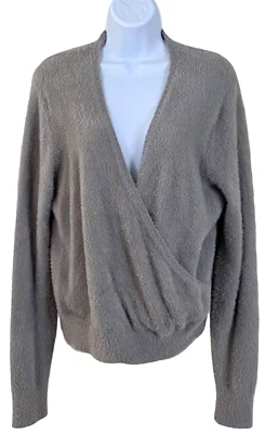 Suéter Banana Republic Pestañas Difusas Flecos Envoltura Frontal Cuello en V Elastizado Gris Talla L Foto 1 de 4