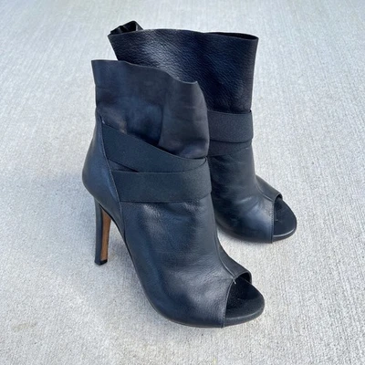 Latitude Femme Peep Toe Heeled Boots Booties Black Leather Ruffle Size 37.5 / 7 - Image 1 of 4
