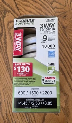50/100/150 EQUIVALENT 3 WAY CFL ECOBULB LIGHT BULB SOFTWHITE Feit Electric NEW - Image 1 of 4