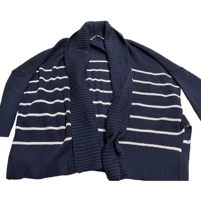 Cárdigan grueso suéter Athleta para mujer pequeño azul blanco a rayas acanalado frente abierto Foto 1 de 4