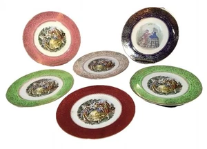 SET 6 SIMILAR VINTAGE 23 KT GOLD TRIMMED PORCELAIN DINNER PLATES SCENIC CENTERS - Picture 1 of 8