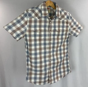 Levis Western Pearl Snap Button Up Shirt Mens Medium Beige Brown Plaid SS Slim - Picture 1 of 10