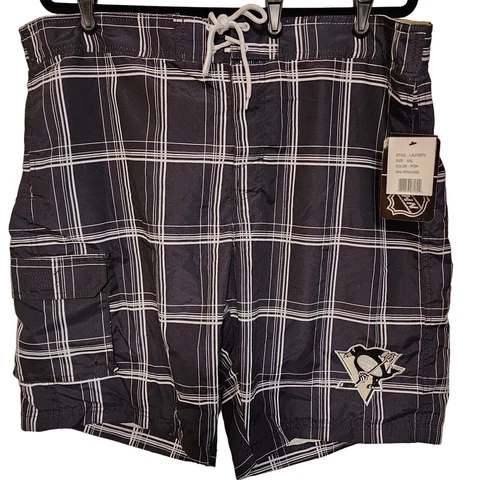 Pittsburgh Penguins Swim Suite Mens 2XL Black White NHL Logo Pockets Tie Waist Cover
