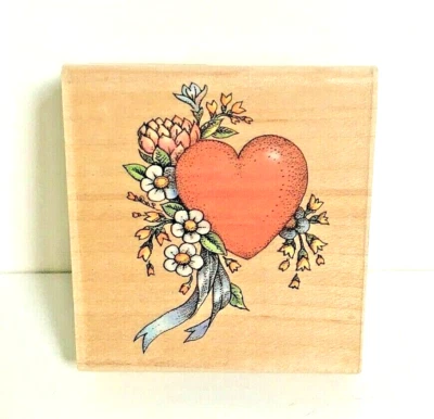 Heart & Flowers All Night Media Wood Rubber Mounted Stamp 1990 Scrapbook - Image 1 of 4