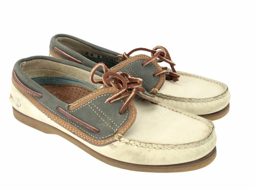 Scarpe da barca vintage Timberland da donna taglia 8 M bianco sporco cacciatore pelle verde USA